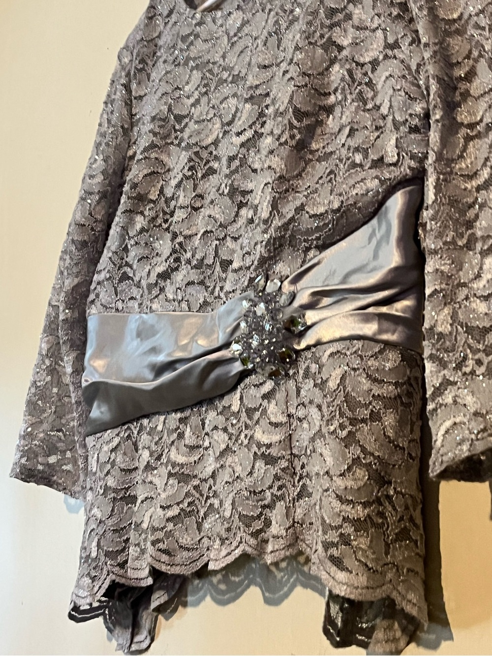 Alex Evenings Silver Gray Lace Evening Jacket with Satin Waist and silver skirt